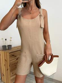 EURMUSE 女士纯色口袋和前系带细节连体裤 - 米色 - 查看 5