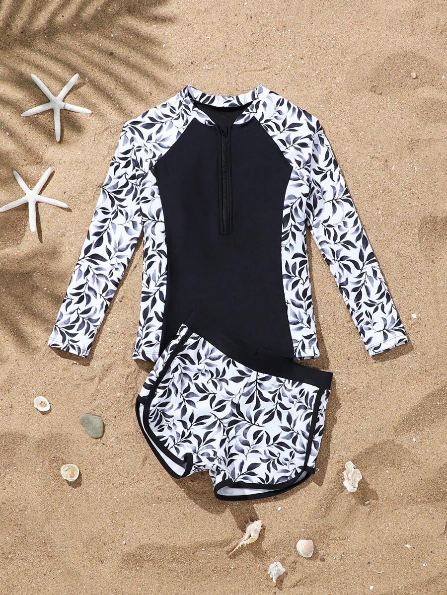 Tween Girls TankinisGirls' Large Camisole Vest Bikini Two Pieces Set With Black Leaf Pattern Front Zipper Long Sleeved Shorts Solid Color Belt Splicing Pattern Set Suitable For Beach Parties, Swimming And Leisure - Multicolor - View 1