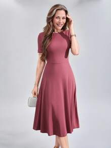 Miaspire Vestido de unicolor de longitud media con mangas cortas, simple y de moda, apropiado para el verano