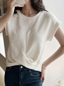 EMERY ROSE Women's Plain Short Sleeve Round Neck T-Shirt, Minimalist Fashion Style Suitable For Summer - Apricot - View 3