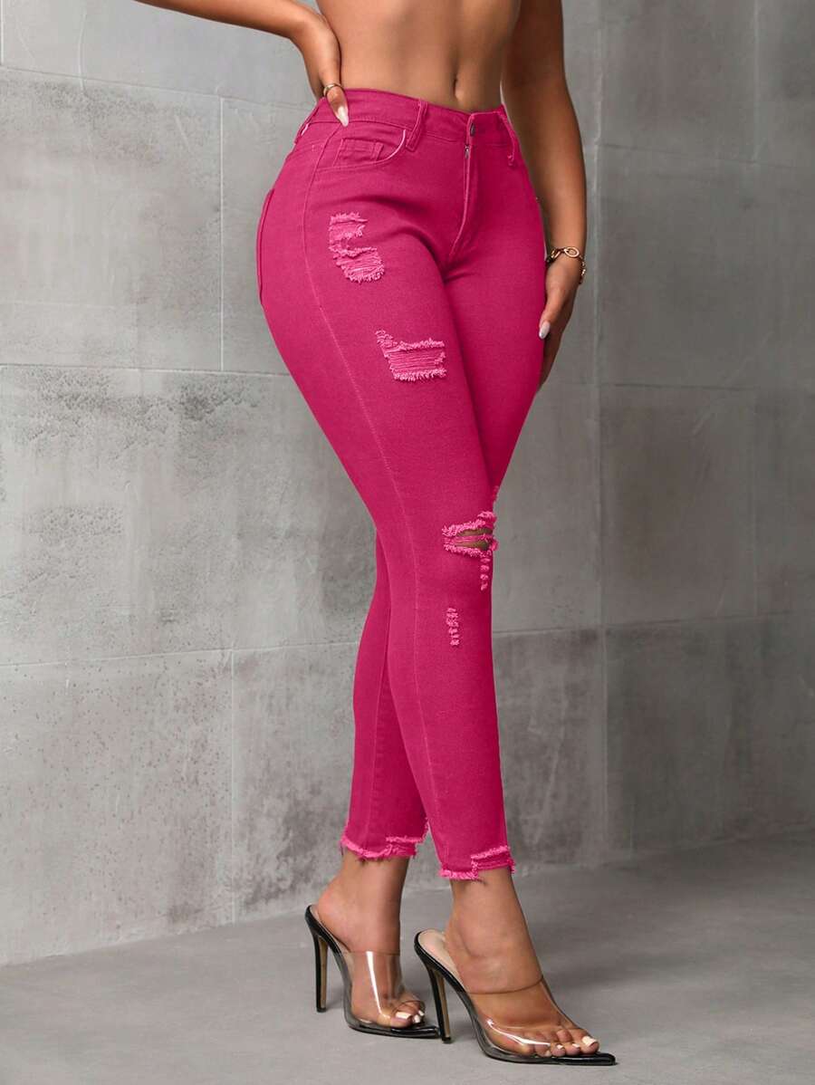 SHEIN SXY Women's Pocket Detail Distressed Skinny Casual Denim Jeggings - Hot Pink - View 1