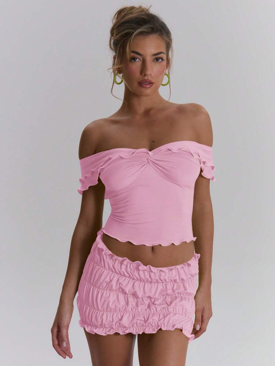 MUSERA Top ajustado con volantes y hombros descubiertos, perfecto para primavera, verano, vacaciones y festivales, adorable