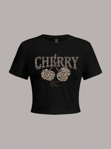 SHEIN EZwear Casual Cropped Leopard Print Cherry Graphic Round Neck Short Sleeve Fitted Women T-Shirt, 34% Cotton, Suitable For Summer - Black - View 5