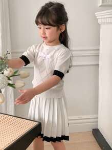 DAZY Young Girl Bow Decor Contrast Color Short Sleeve Knit Sweater And Pleated Knitted Skirt 2 Pieces Set,Girls Summer Outfits - White - View 4
