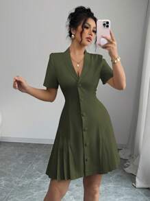 Elenzga Abito mini elegante da donna, a tinta unita, stile francese, con colletto alla coreana, decorazione con bottoni, vita segnata, gonna plissettata, maniche corte, adatto per pendolarismo, casual, vacanze