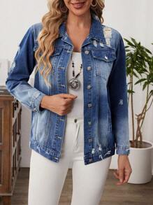 EMERY ROSE Women's Casual Blue Denim Jacket With Ripped Details And Collared Neckline - Blue - View 6