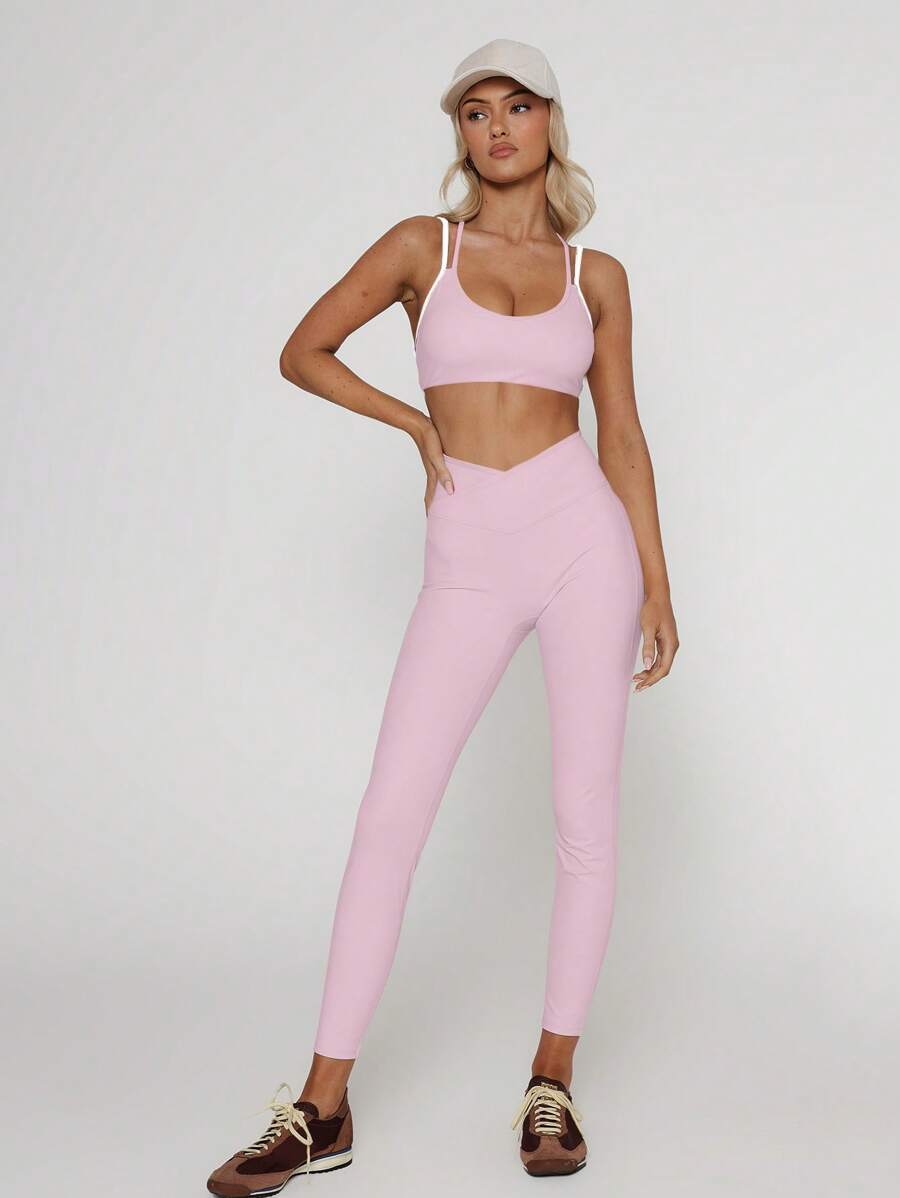 Musera Sport Crossover Waist Fitted Contour Activewear Leggings Workout Moisture Absorption Summer Yoga Running Tight High Waisted Gym Fitness - Pink - View 1
