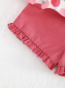 Cozy Pixies Baby Girl Strawberry Pattern Camisole Top And Solid Color Elastic Waist Shorts 2 Pieces Set