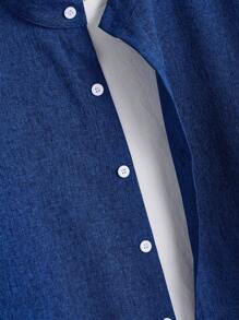 Calvornis 宽松男士纯色纽扣长袖衬衫 男士休闲衬衫 男士衬衫 男士时尚衬衫，适合秋季，复古风格 - 藍色 - 查看 4