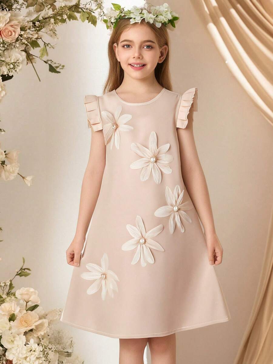 Tween Girl' Elegant 3D Blomsterdekorerad klänning - Aprikos - Visa 1