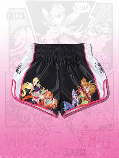 Winx Club X ROMWE Pantaloncini sportivi da uomo con grafica a cartoni animati, vita elastica e blocchi di colore, adatti per boxe/basket