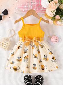 SHEIN Playful Pals 女宝宝夏季新款罗纹心形印花简约可爱无袖连衣裙 - 黃色 - 查看 3