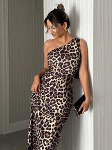 SHEIN Tall 高腰优雅舒适豹纹长裙 - 彩色 - 查看 3