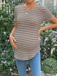 SHEIN Maternity Striped Round Neck Short Sleeve Casual Versatile T-Shirt - Brown - View 1