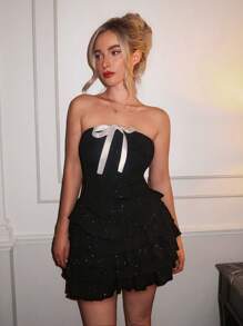 Glamine Special Shiny Patch Loose Powder Tube Top Layered Cake Ruffles Pure Women's Mini Black Dresses - Black - View 3