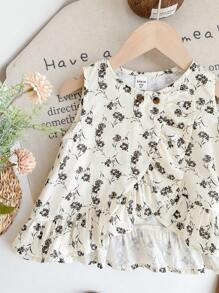 SHEIN 2pcs Set: Young Girl Sleeveless Ditsy Floral Ruffle Collar Top & Wide Leg Solid Loose Pants