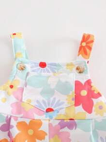 SHEIN Newborn Baby Girl Floral Print Pocket Front Jumpsuit With Shorts, Casual & Versatile