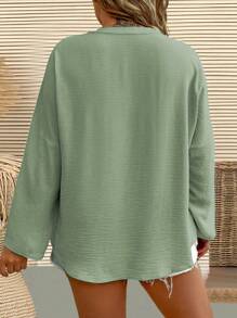 Blusa holgada de manga larga con cuello en V de unicolor para mujeres de talla grande - Verde - Ver 2