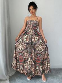 Breezaya 佩斯利印花细肩带连衣裙，度假休闲长款度假海滩装女士 - 杏色 - 查看 7