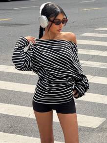 Muchica Women's Casual Black And White Striped Off-The-Shoulder Knitted Sweatshirt With Long Sleeves And Asymmetrical Neckline - Black and White - View 3