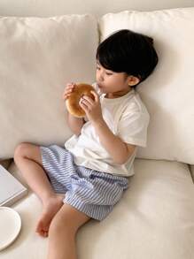 Dazy Kids 儿童男童秋季服装：短袖针织圆领上衣 + 编织条纹短裤套装，夏季休闲 - 藍白色 - 查看 3
