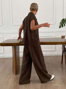 Livesso Bộ 2 món đồ nữ phong cách nghỉ dưỡng tối giản, màu trơn, áo blazer bằng vải lanh, thích hợp mặc ở nhà. - màu nâu - Xem 2