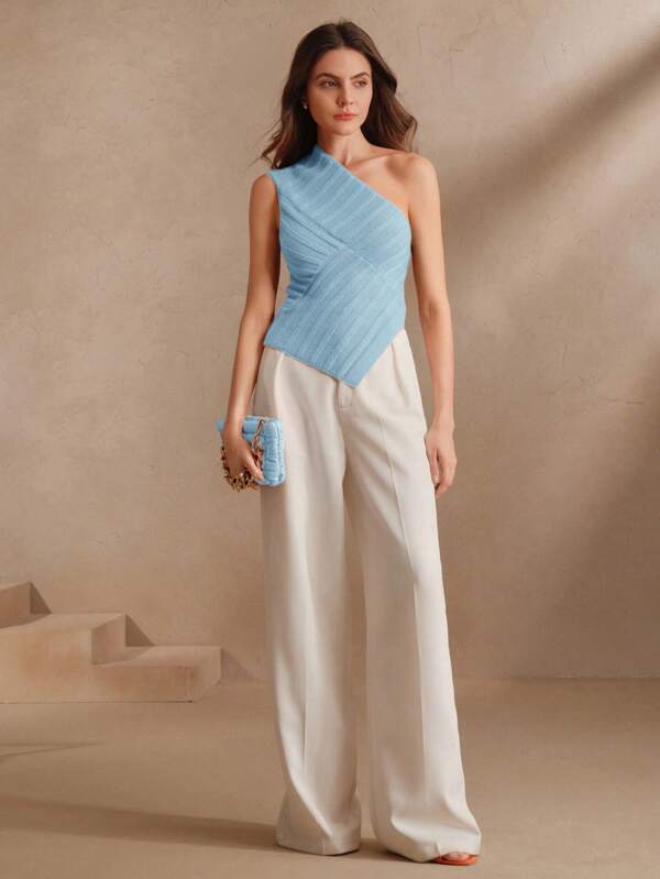 Anewsta Fashionable Elegant Asymmetrical Shoulder Ribbed Hollow Cutout Fitted Women Knitted Blouse, Spring/Summer