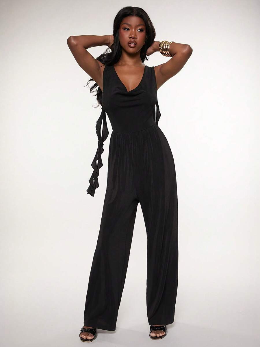 SHEIN Unity Jumpuit Cowl Neck Sleeveless Ruffle Event Concert Festival Brunch Vacation Classy Office Modest Thanksgiving Christmas NYE New Years Eve Outfits For Women - Black - View 1