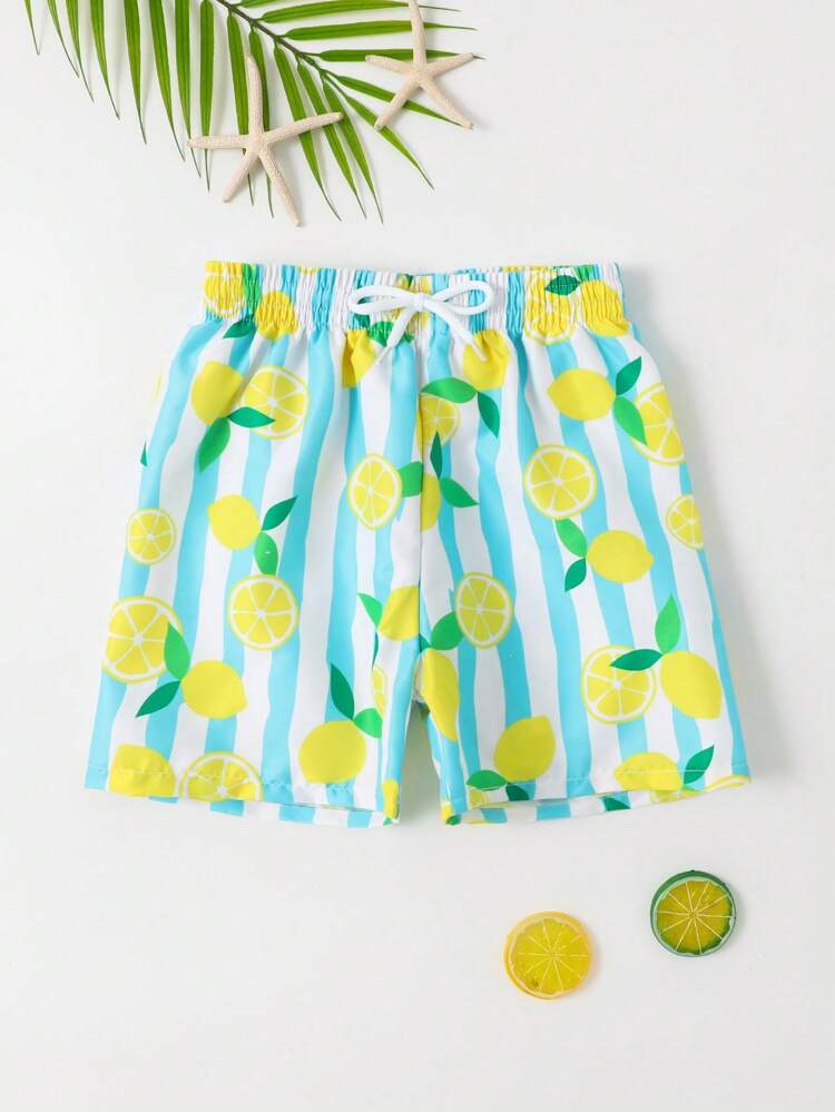 Young Boy Lemon Print Drawstring Waist Swim Shorts Summer Holiday