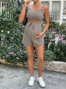 SHEIN 2pcs Maternity Stripe Sleeveless Top And Drawstring Waist Shorts Set Summer Outfits - Multicolor - View 4