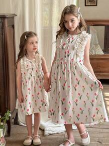 SHEIN LMoss Kids Tween Girl 碎花圆领荷叶边下摆修身休闲连衣裙 - 彩色 - 查看 1