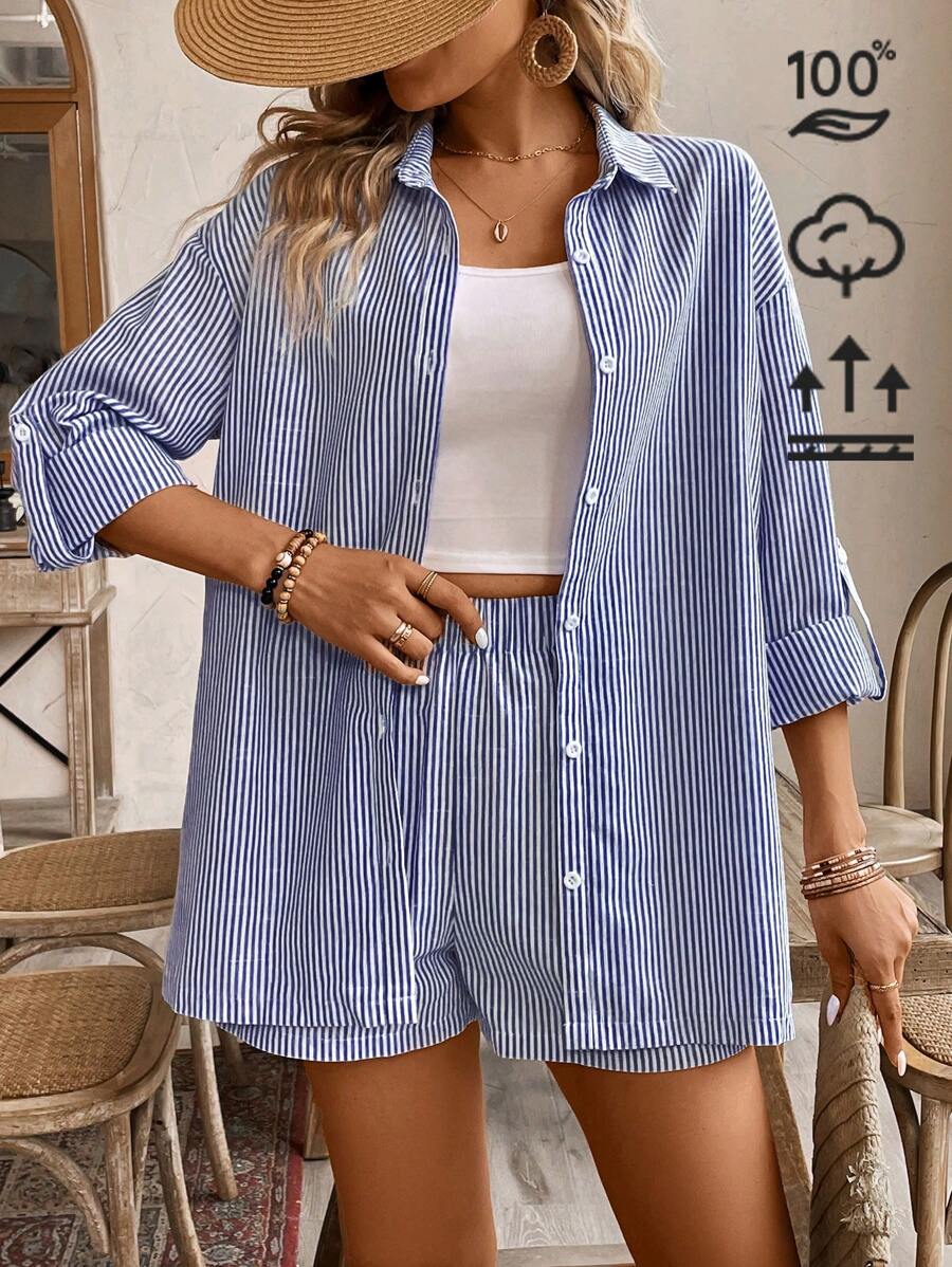 SHEIN Frenchy 女士条纹卷袖衬衫和短裤休闲两件套 - 藍色 - 查看 1