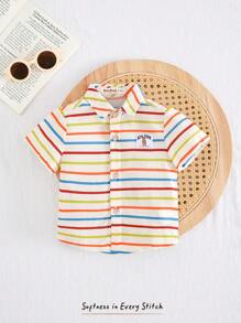 Cozy Pixies Baby Boy Colorful Striped Lapel Short Sleeve Cardigan, Casual & Versatile - Multicolor - View 4