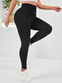 Easithlete 女式加大码纯色收腹运动紧身裤瑜伽裤 - 黑色 - 查看 7
