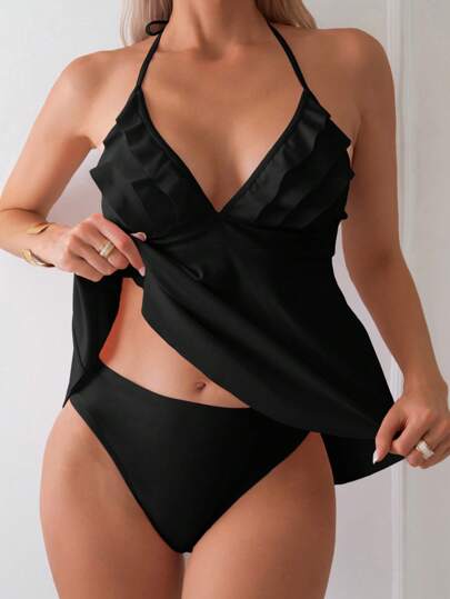 Swim Mod Vacation Beach Solid Color Ruffle Trim Halter Neck Tankini Swimsuit Set For Summer