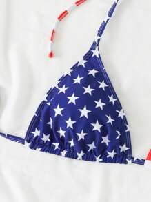 Swim Vcay Plus Size Women 4th Of July USA Flag Print Halter Tie Up Bikini Top, Sexy Fashion For Beach & Pool For Summer Beach Vacation - Multicolor - View 4