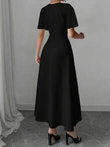 Rafferiza Elegant Color-Block Bow Decor Round Neck Waist Cinched Short Sleeve Solid Color Dress, Women Spring/Fall Long Dress - Black - View 2