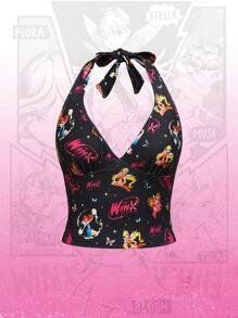 Winx Club X ROMWE 2pcs/Set Women Cartoon Print Sleeveless Halter Top And Shorts Set - Multicolor - View 3