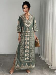 Breezaya Women's Vintage Print Side Slit Dress, Holiday Style - Green - View 3