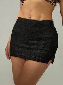 SHEIN PETITE Chân váy chữ A tối giản màu trơn dành cho nữ, mặc thường ngày - màu đen - Xem 8