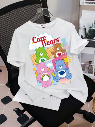 SHEIN X Care Bears Casual Loose Round Neck Cartoon Graphic Short Sleeve T-Shirt For Women, Suitable For Summer Suitable For Going Out