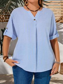 EMERY ROSE Plus Size Women Casual Striped Batwing Sleeve Shirt,Summer For Women,Rave,Easter Curve,Country Concert - Blue and White - View 4
