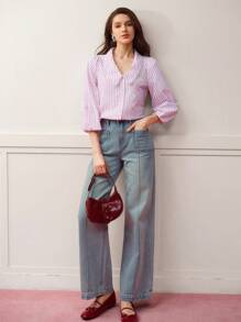 MOTF PREMIUM STRIPED FAUX PEARL BUTTON BLOUSE