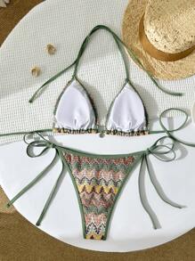 Swim Chiccia 2pcs Women Swimsuit Set With Colorful Leaf Pattern Knitted Fabric, Silver Shell Decor, Drawstring Ties Halter Neck Triangle Bikini Suit, Casual Resort Style For Summer Beach Vacation - Multicolor - View 6