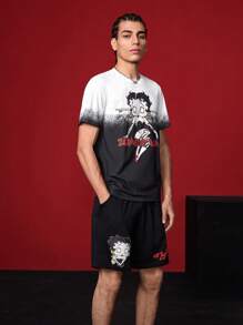 Betty Boop x SHEIN Conjunto de camiseta de manga corta y pantalones cortos de verano casuales para hombre con figura de dibujos animados y gráfico de letras