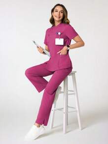 TaskEZ Conjunto de uniforme de scrubs sencillo con cuello alto y cintura ajustada - Rosa Fucsia - Ver 7