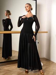 Dansine Rhinestone Embellished Extra Flared Mesh And Chiffon Patchwork Women's Dance Dress