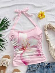 Soleia Top corta de cuello halter con textura de punto rosa, adecuada para vacaciones de verano