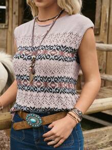 LanaWest Women's Bohemian Style Geometric Pattern Knit Sweater Vest, Casual Resort Wear Knit Pullover Fall Winter