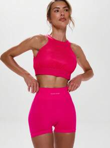 Musera Sport شورت مرتفع الخصر مطوي الظهر مغمور الخصر للتمارين الرياضية والتدريب والجيم والبادل والتنس وبيكليبول - روز أحمر - مشاهدة 5